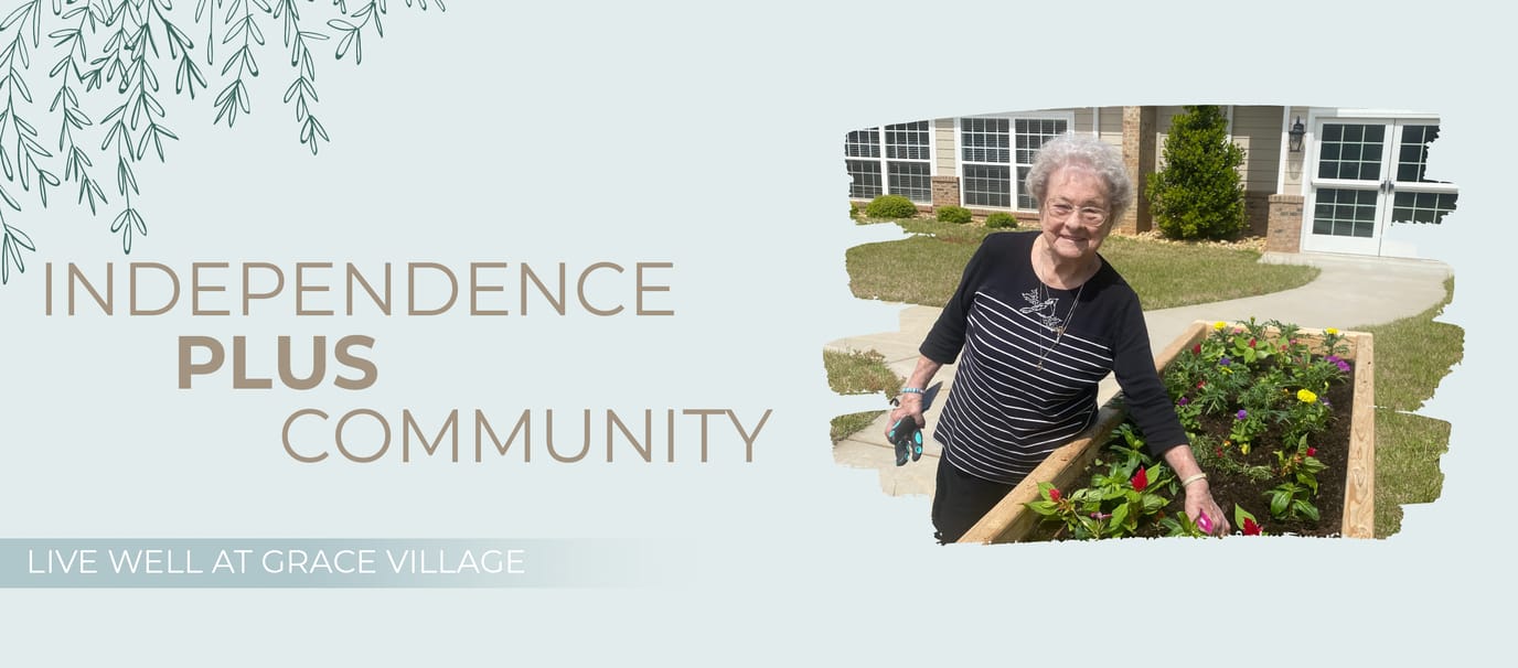 Resident gardening in front of Grace Village