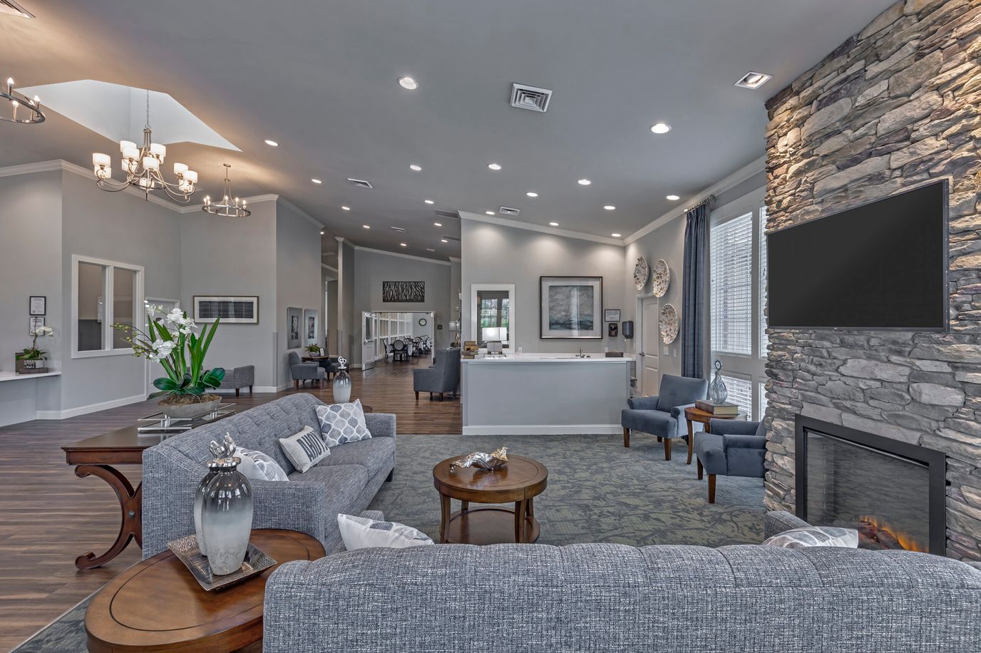 Modern common area with seating and decorative accents