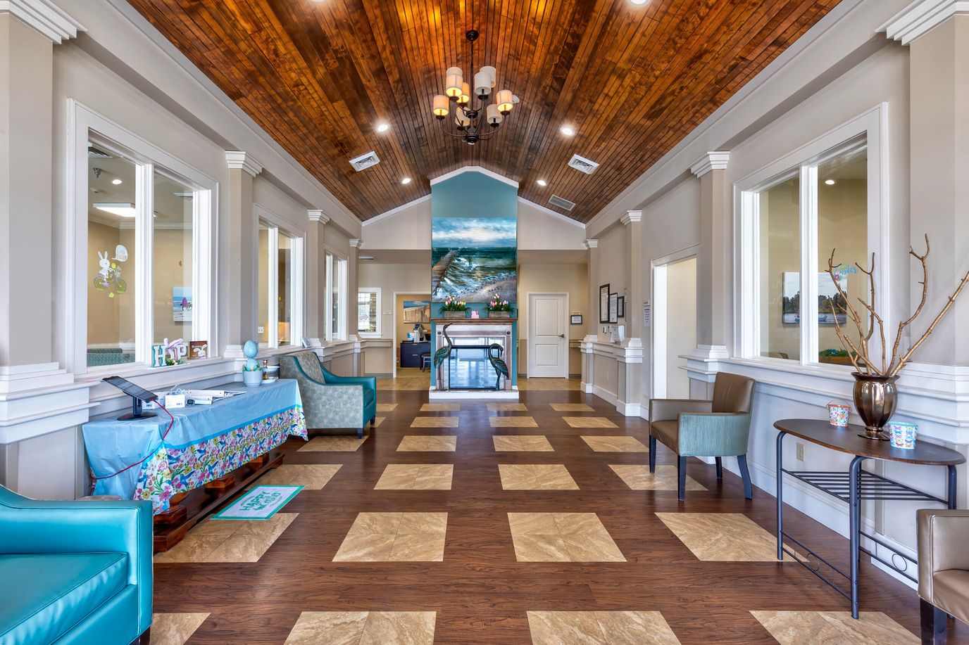 Tyrrell House, assisted living in Columbia, NC — Welcoming reception area with wooden ceiling and inviting decor