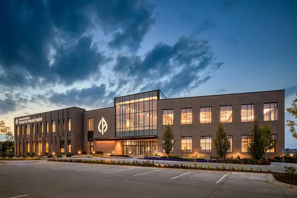 Exterior view of a modern building at dusk