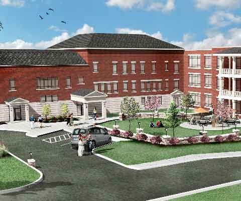 Exterior view of Sterling Meadows with residents and cars.