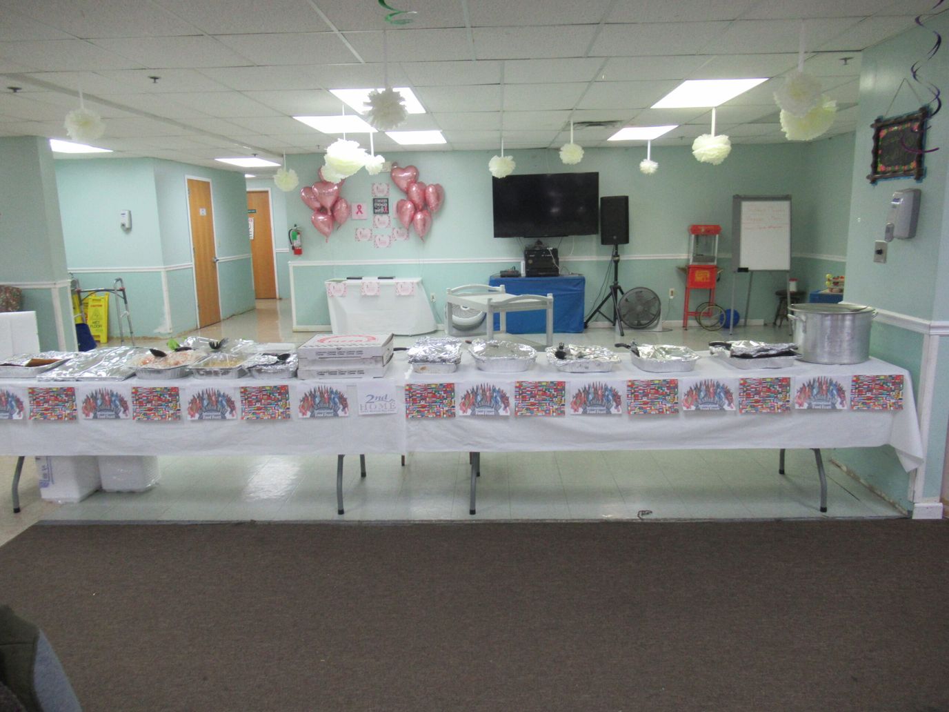 Dining setup with food and decorations during an event
