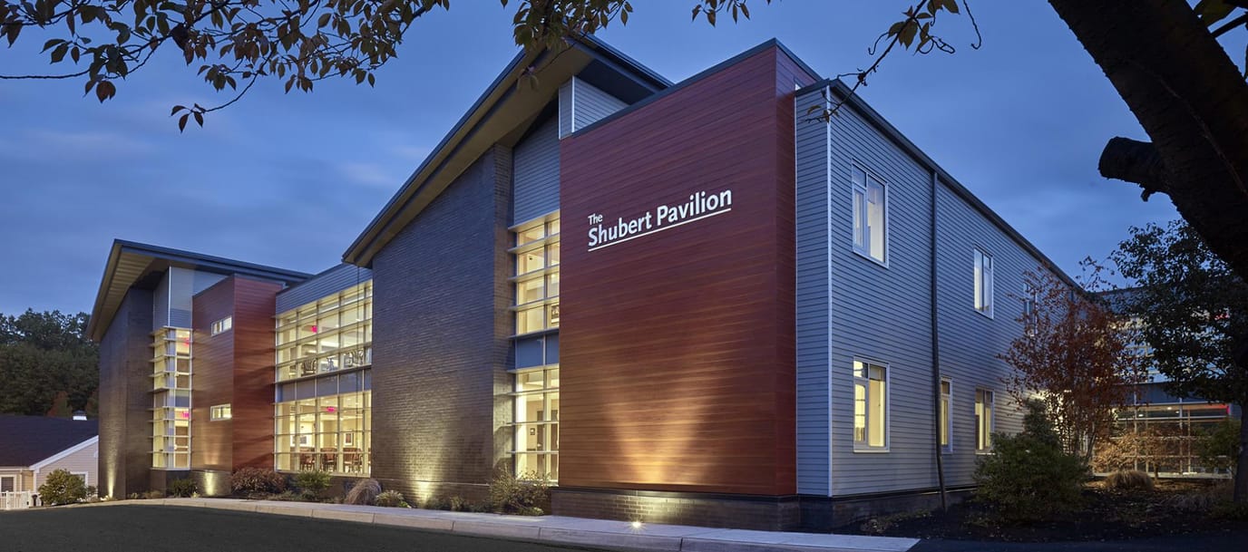 Exterior view of The Shubert Pavilion at dusk
