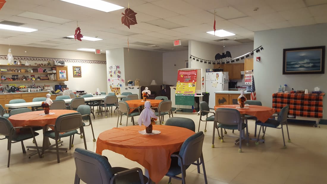 Interior dining area with festive decorations