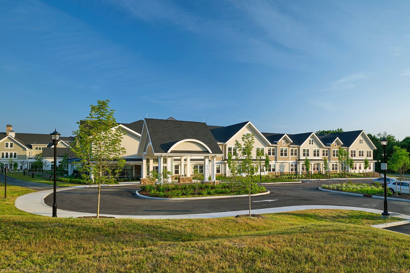 Exterior view of a nursing home facility with landscaping