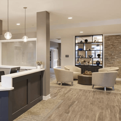 A modern common area in a senior living facility
