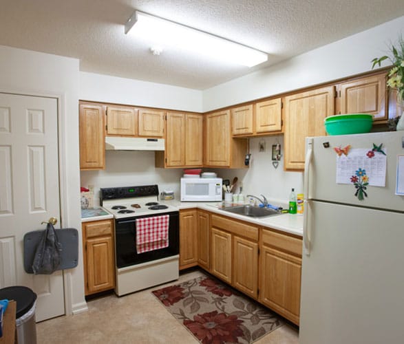 A well-equipped kitchen in a senior living facility