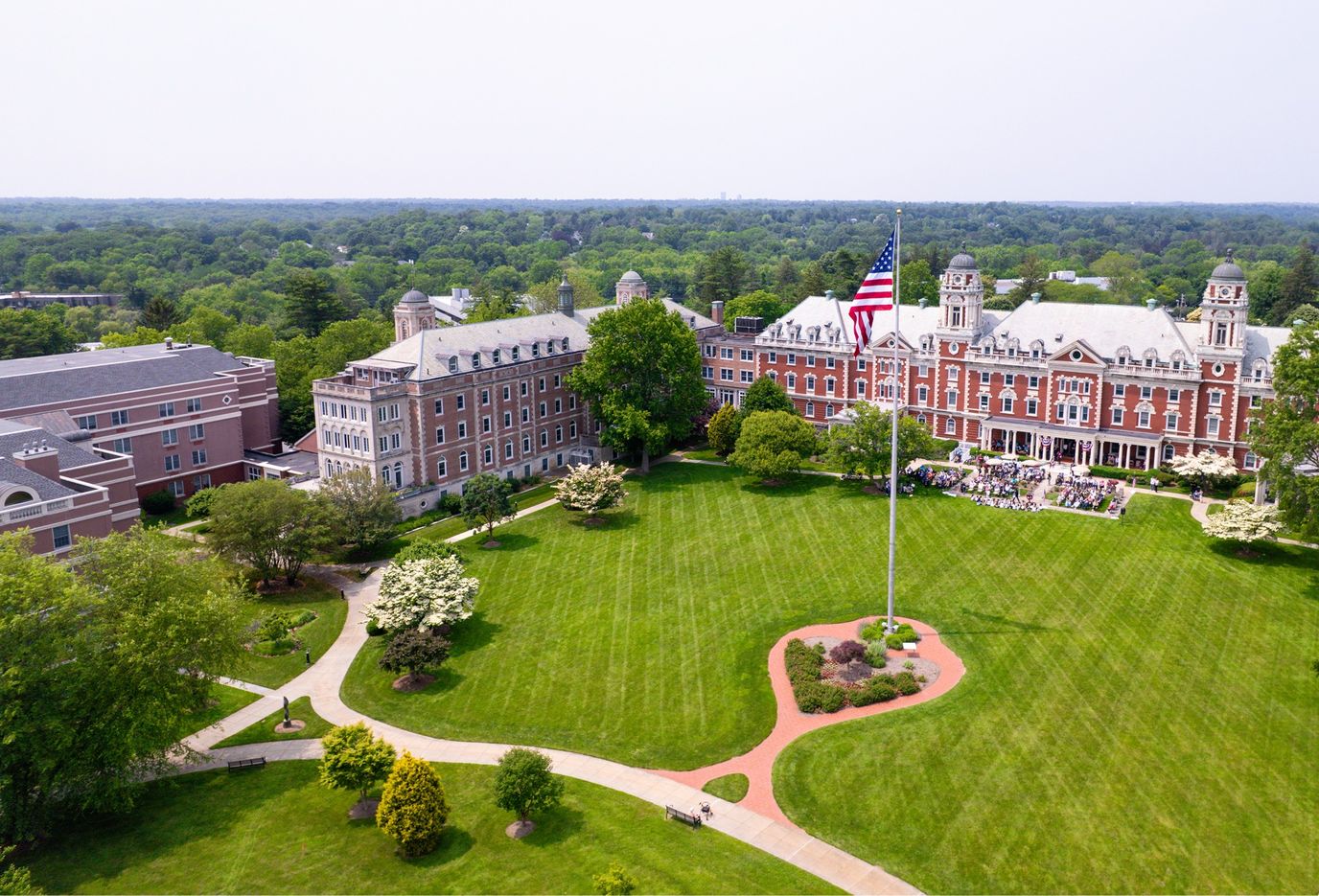 Aerial view of The Osborn with American flag in front yard