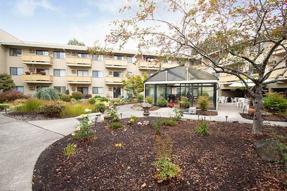 Outdoor space with garden and building view