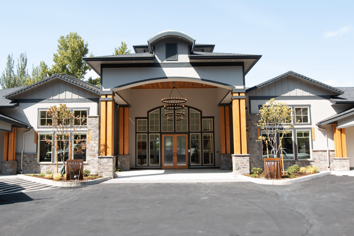 Exterior view of a modern assisted living facility