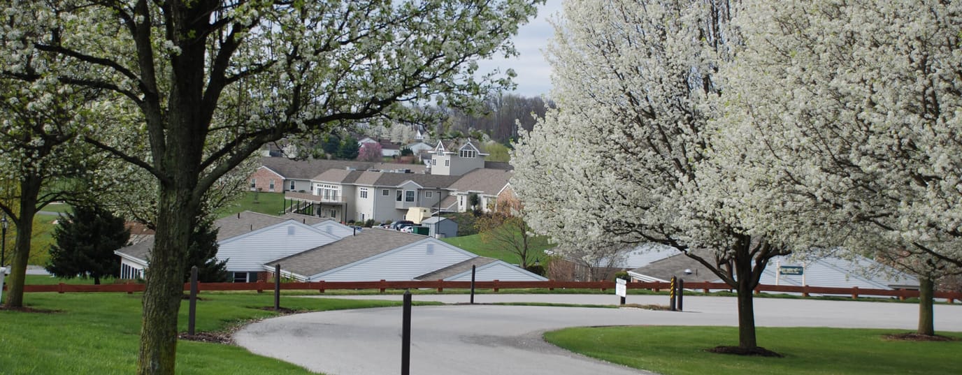 Scenic view of the assisted living facility with flowering trees