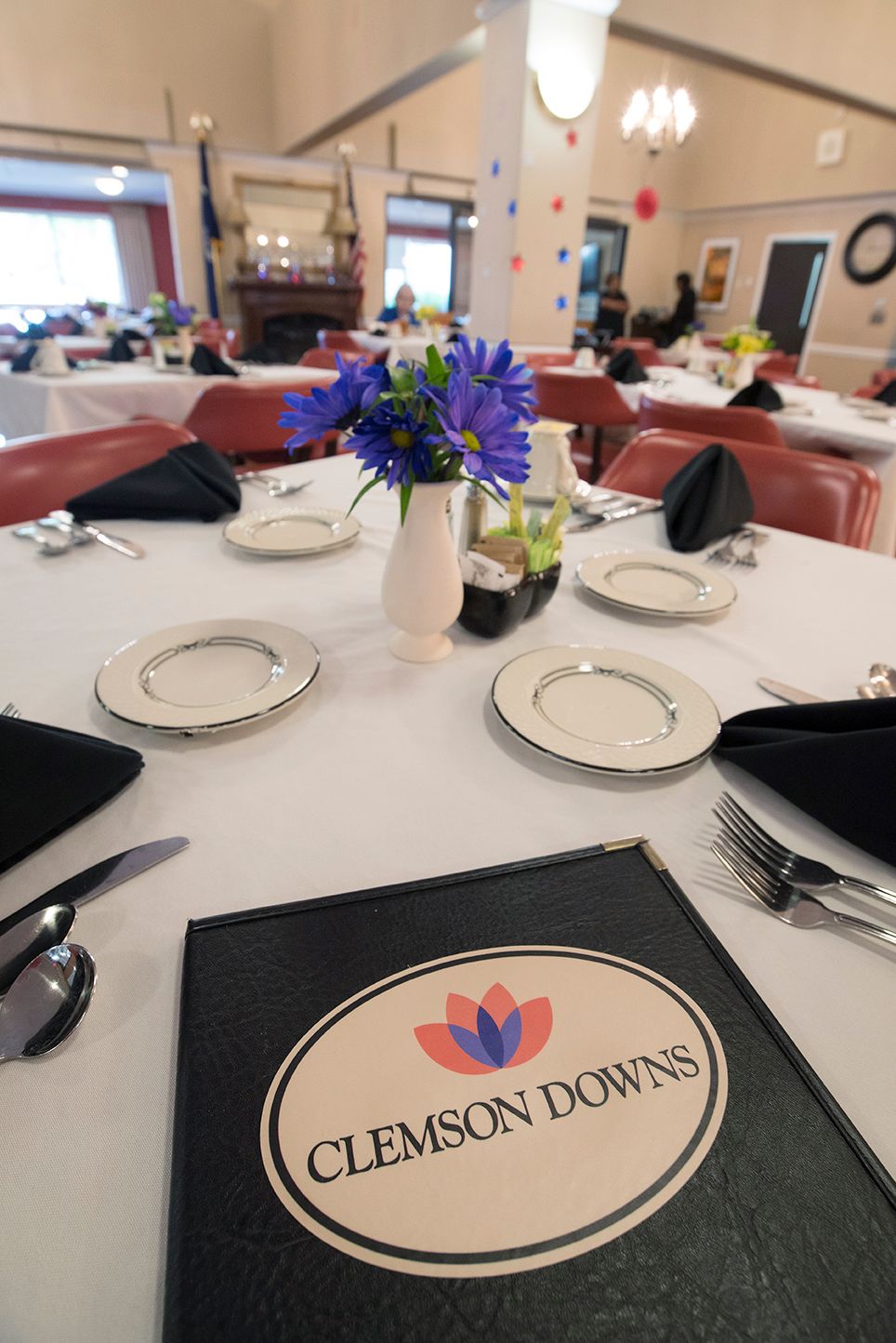 Dining setup featuring the Clemson Downs logo