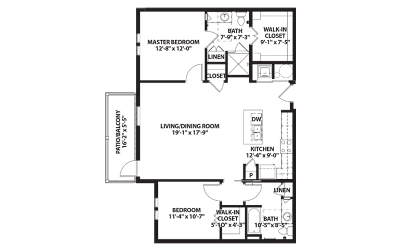 Architectural floor plan of a senior living unit
