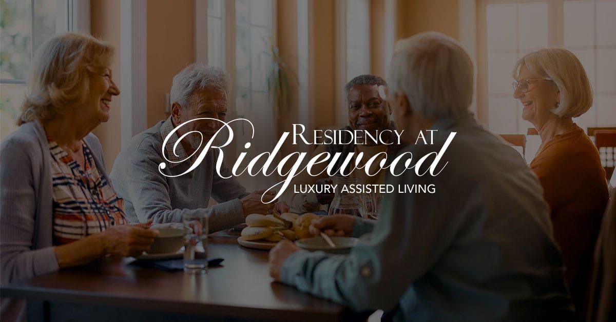 Facility logo over a photo of residents socializing