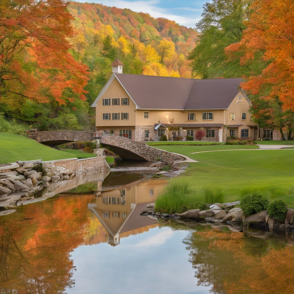 Exterior view of a senior living facility surrounded by colorful trees