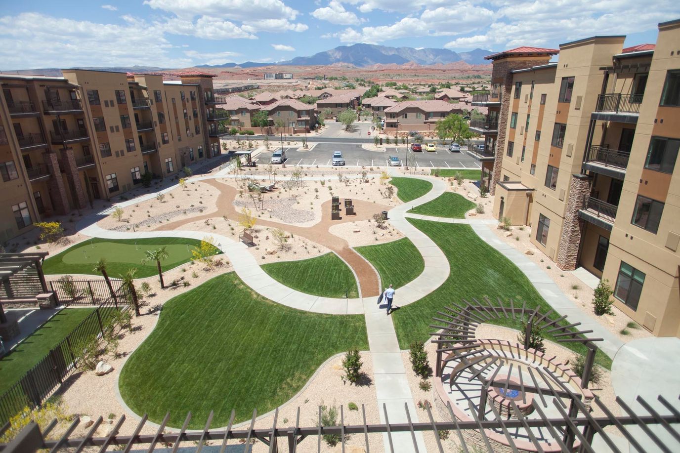 Aerial view of landscaped outdoor space at a senior living facility