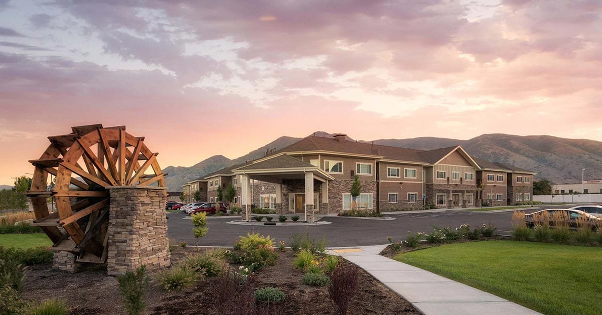 Exterior view of The Ashford of Springville at sunset