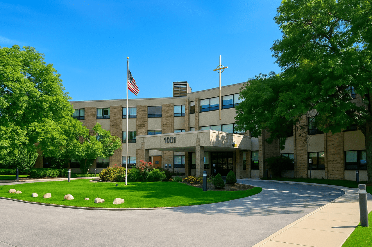 Exterior view of a senior living facility with green landscaping