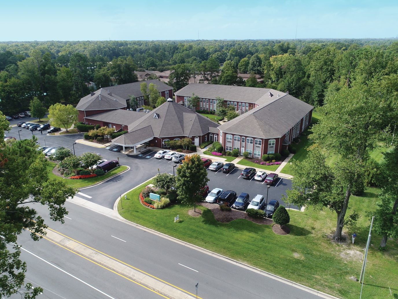 Aerial view of Chestnut Grove Assisted Living Facility and surrounding garden
