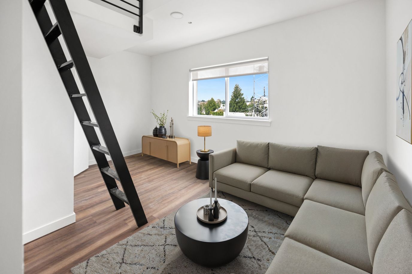 Bright interior room with a modern sofa and decor