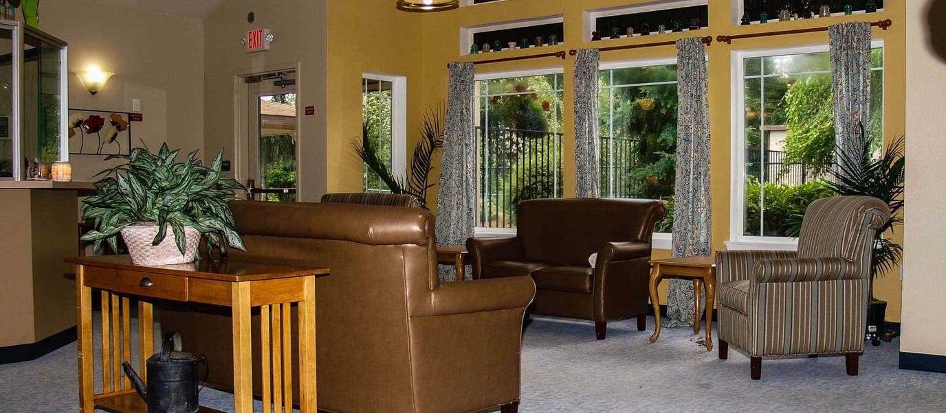 Comfortable seating area in a bright common room