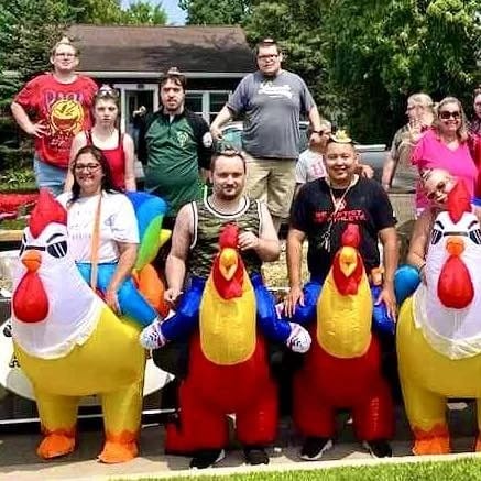 Residents and staff participating in a fun outdoor activity