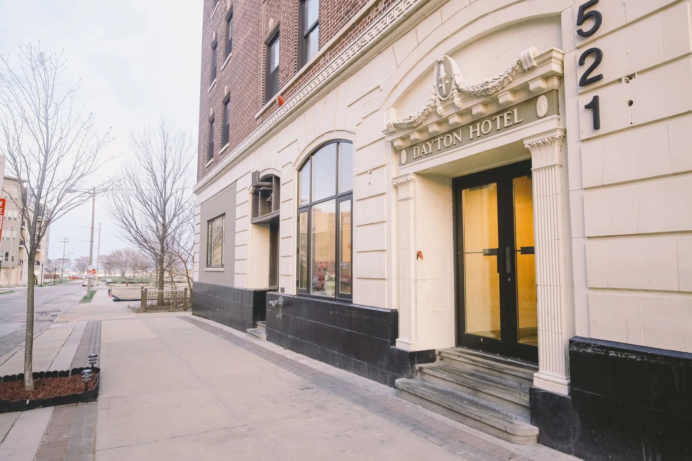 Exterior view of the Dayton Hotel building entrance