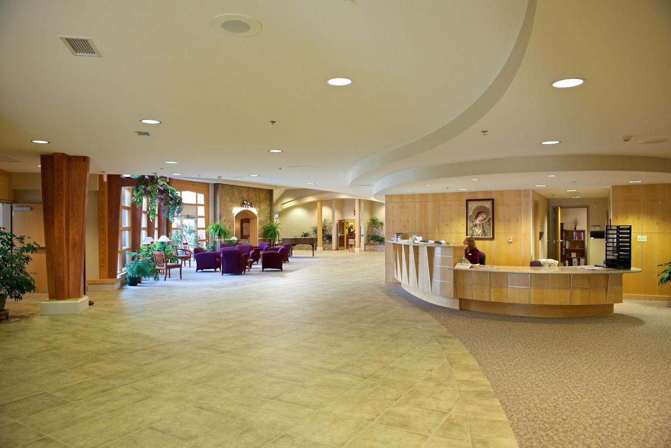 Bright interior common area with seating