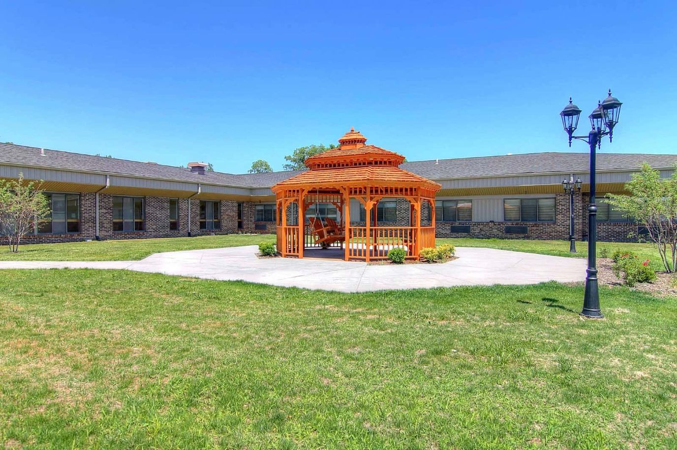 Outdoor gazebo in a landscaped area