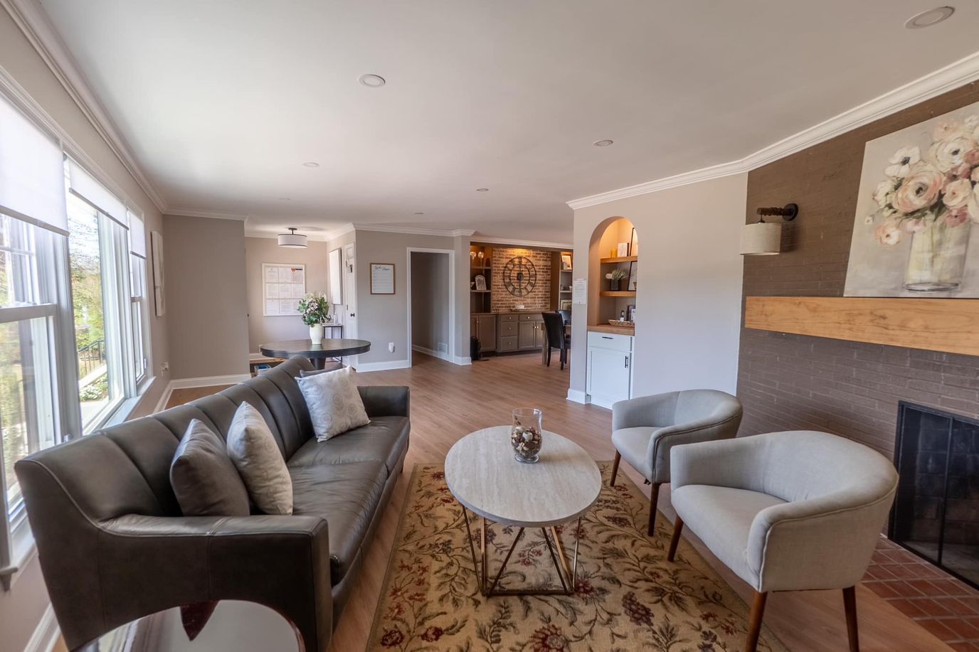 Bright interior common area with seating and decor