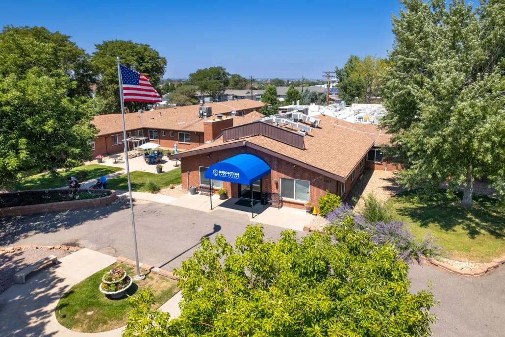 Aerial view of Brighton Care Center with outdoor space