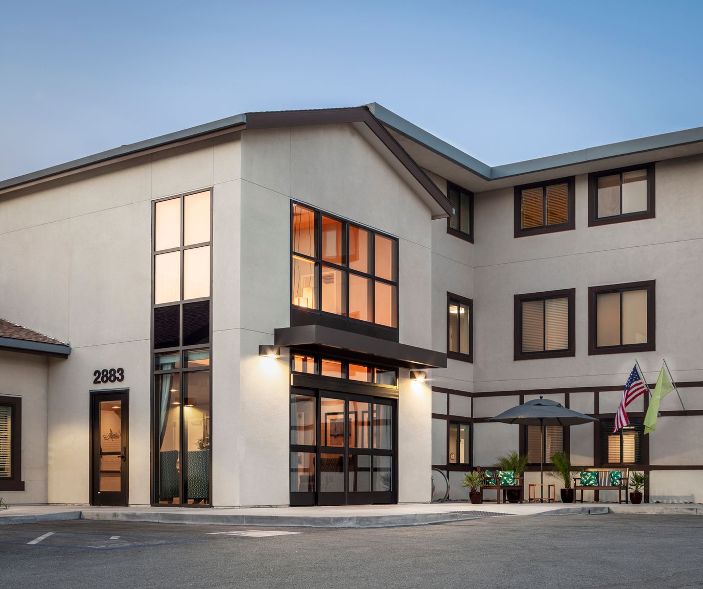 Exterior view of an assisted living facility entrance