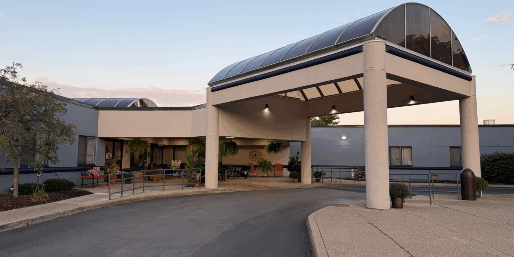 Exterior view of the Harris Hill Nursing Facility entrance