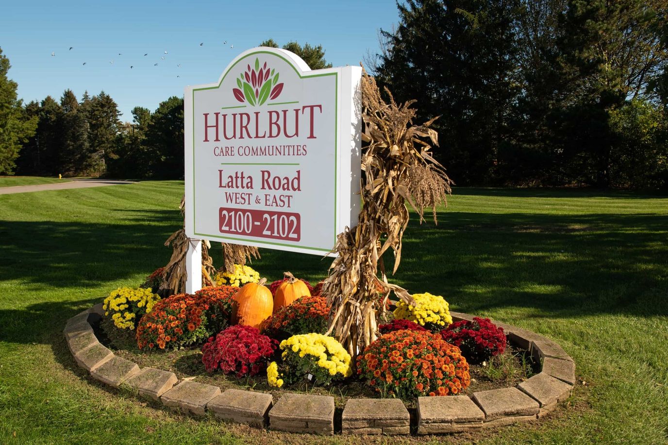 Outdoor sign surrounded by colorful flowers and pumpkins