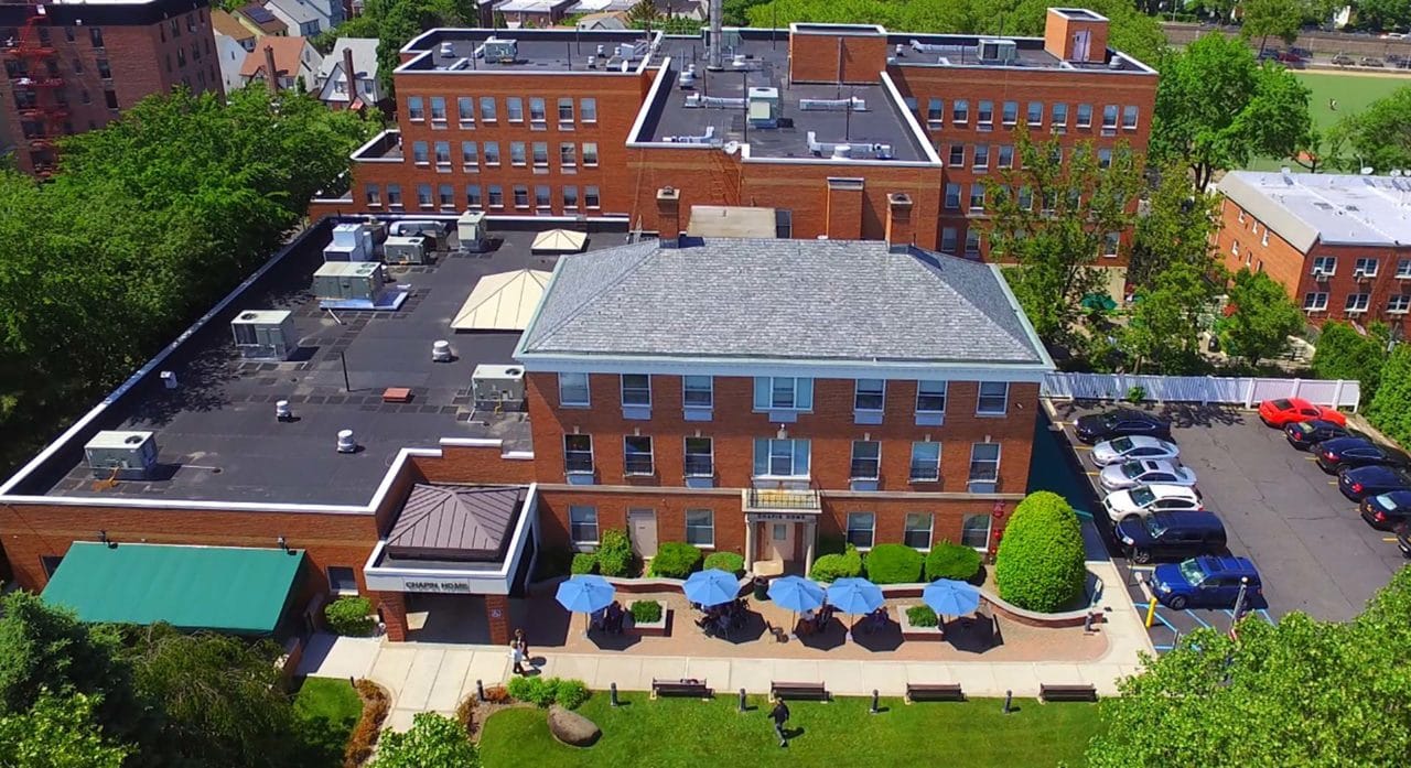Aerial view of Chapin Home for the Aging with outdoor seating