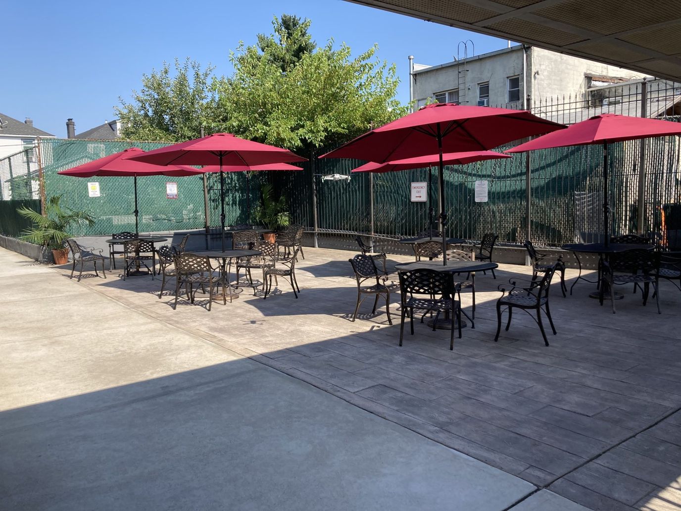 Outdoor seating area with umbrellas and plants