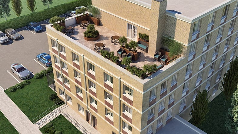 Aerial view of the Holliswood Center building and outdoor space