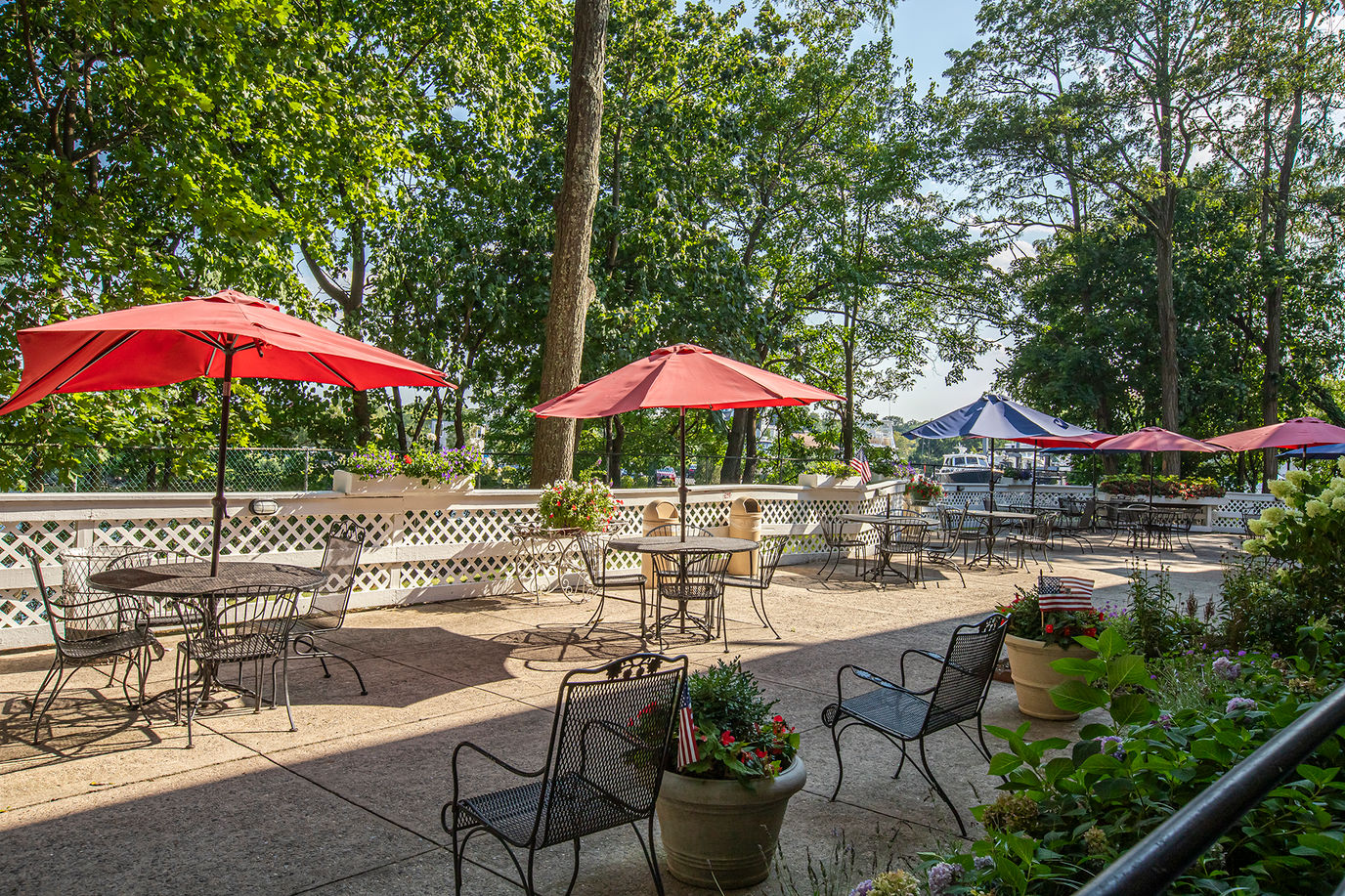 Outdoor seating area with umbrellas and tables