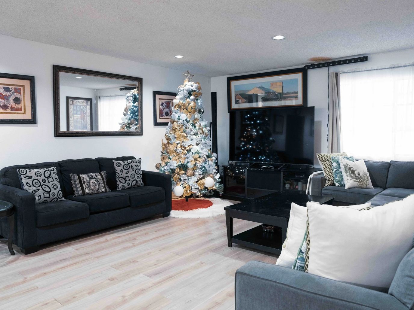 Cozy living room with holiday decor and seating