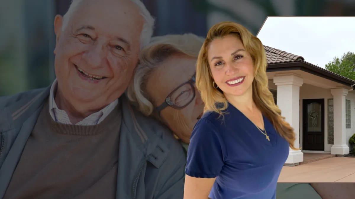 Smiling residents and staff near facility entrance