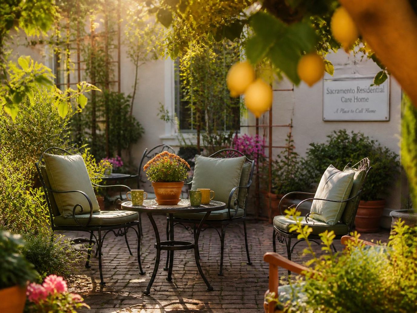 Outdoor seating area with flowers and sunlight