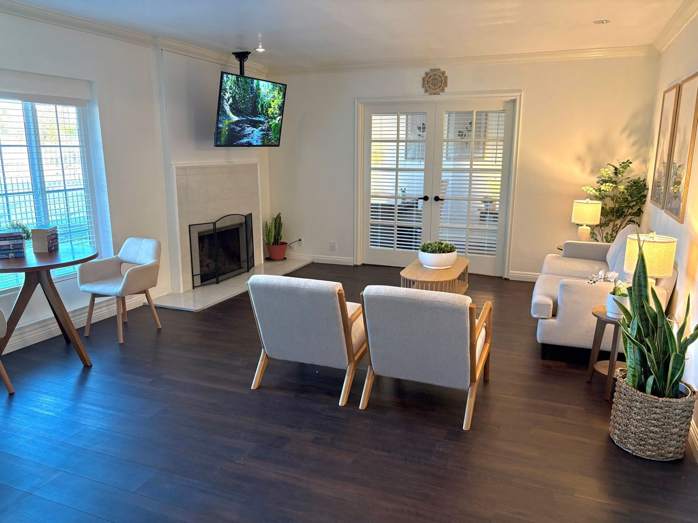 Bright common area with seating and decor