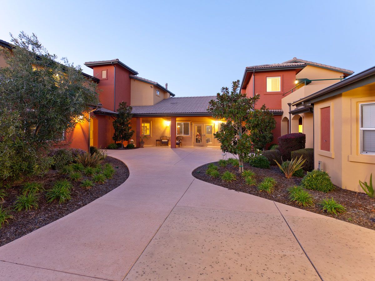 Exterior view of a senior living facility entrance