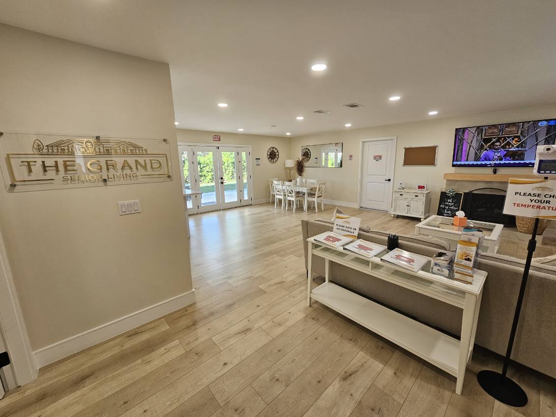 Interior view of the lobby at The Grand Senior Living