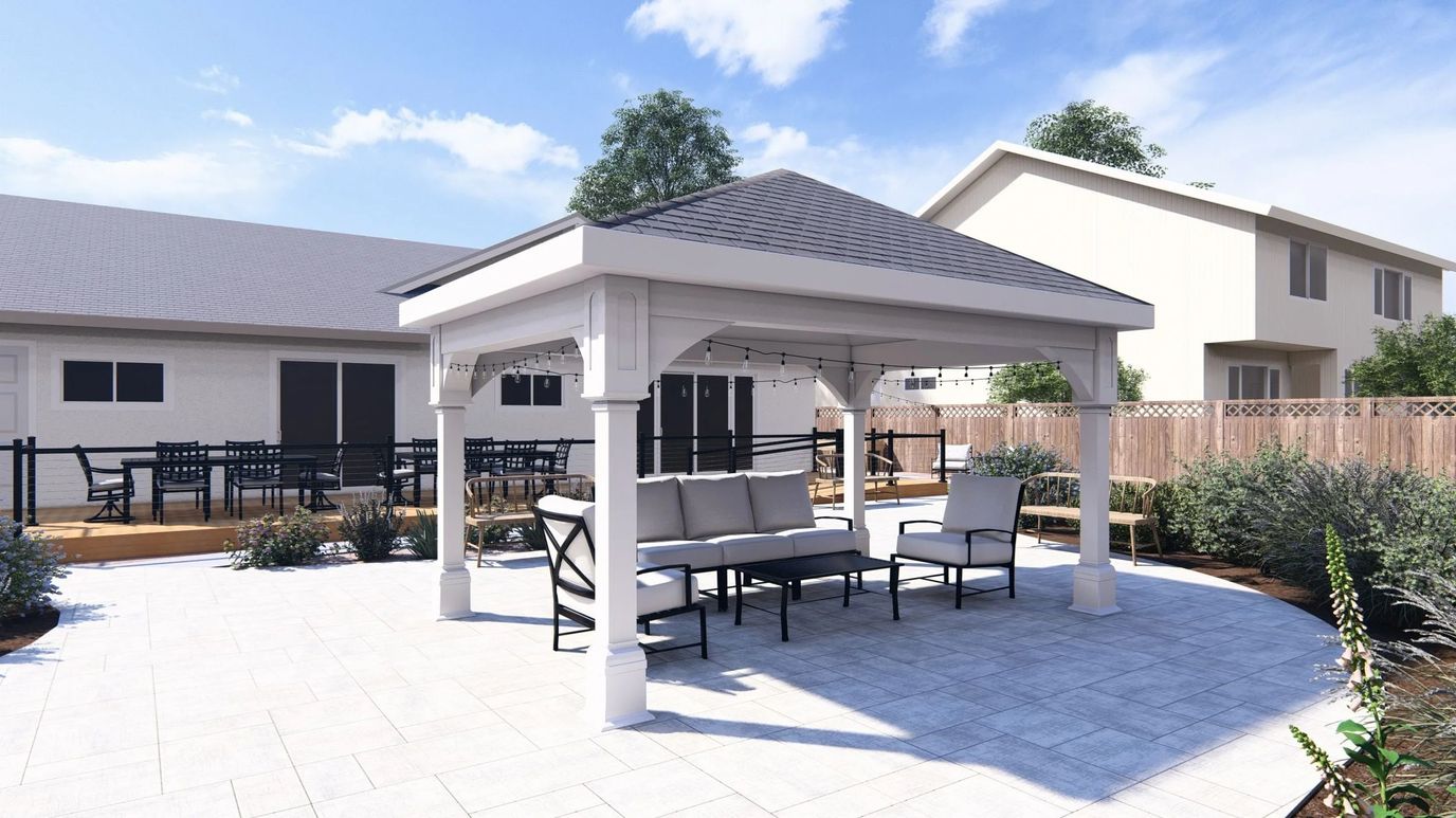 Outdoor seating area with gazebo in a senior care facility