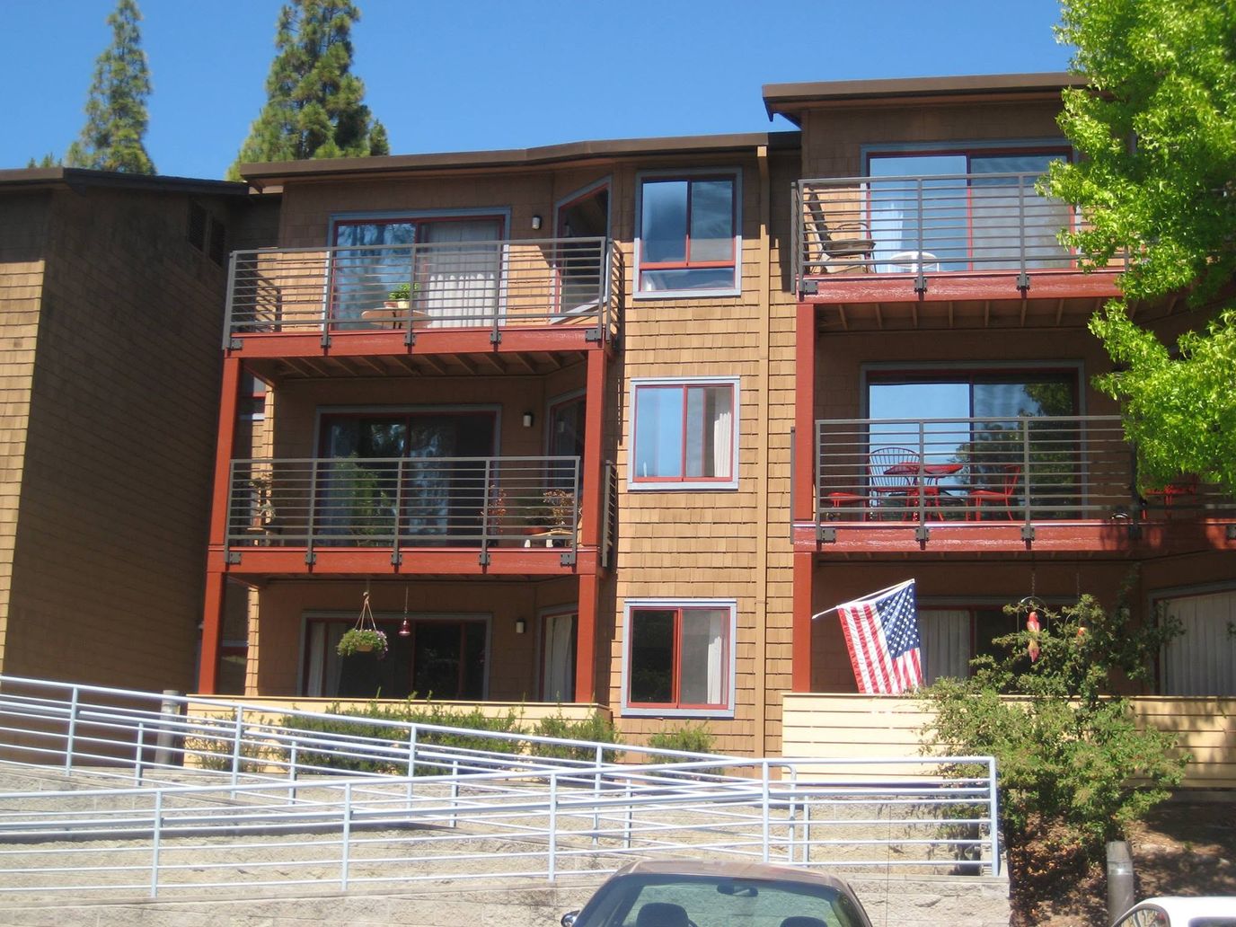Exterior view of assisted living facility with balconies