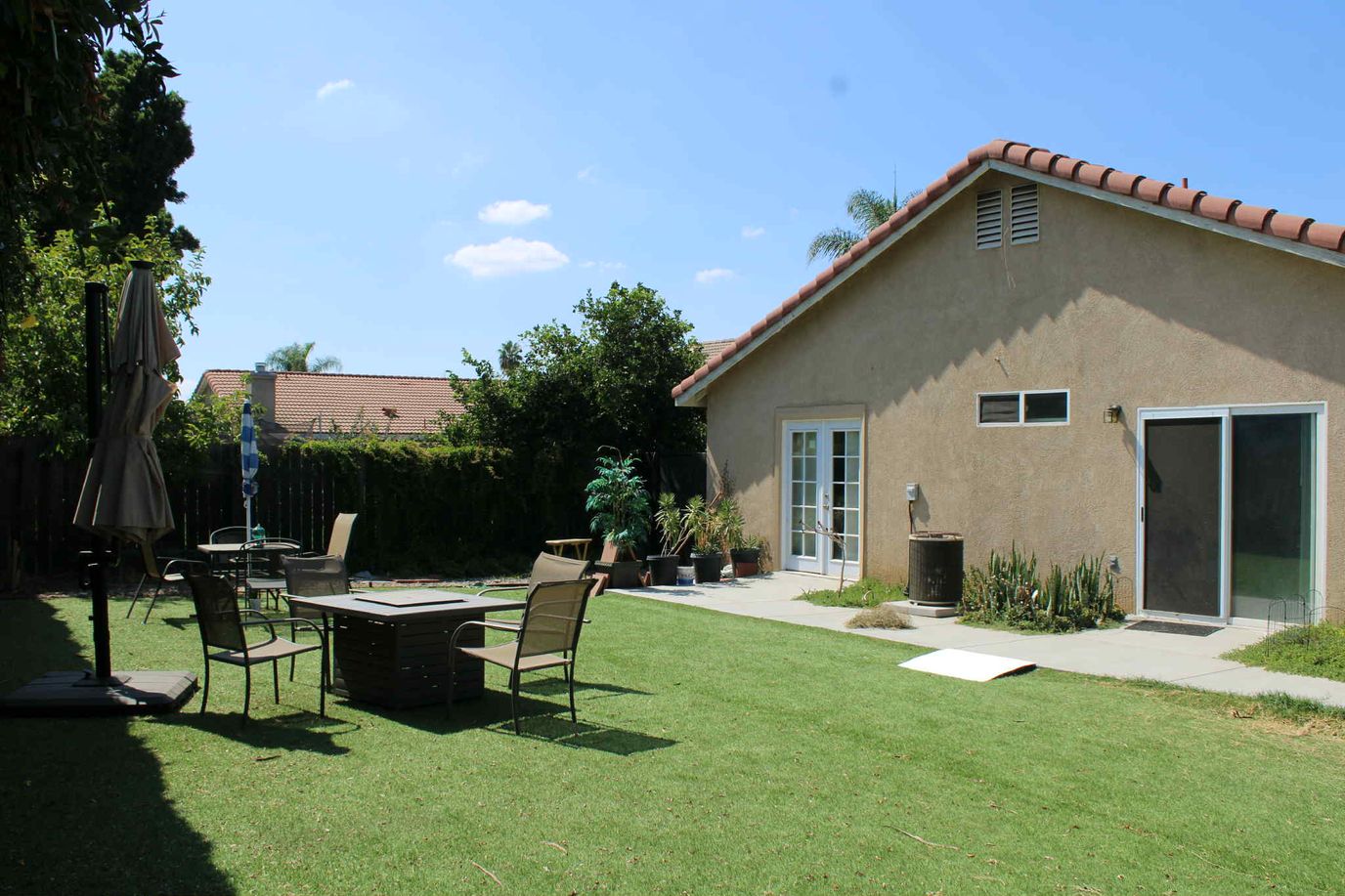 Outdoor seating area with a view of the facility