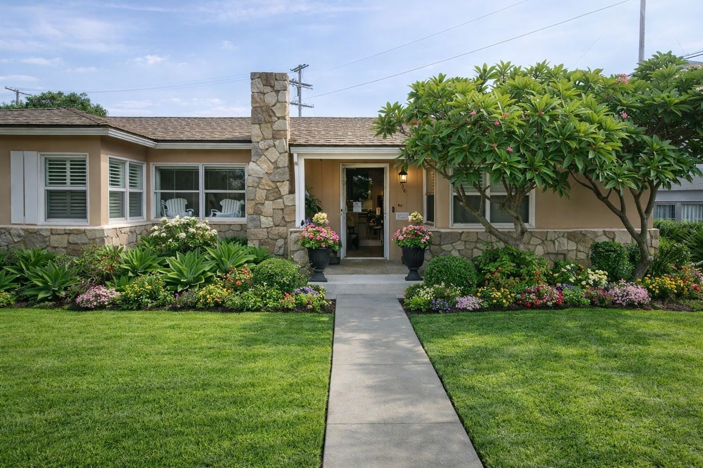 Front view of a senior living facility's exterior garden
