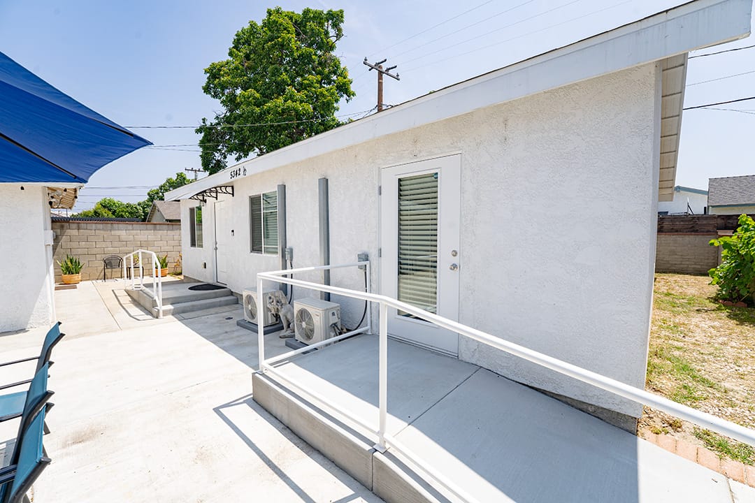 Exterior view of a patio area at a care facility