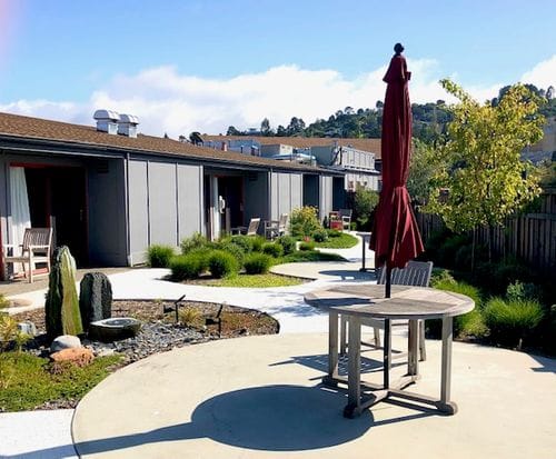Outdoor area with seating and garden pathways